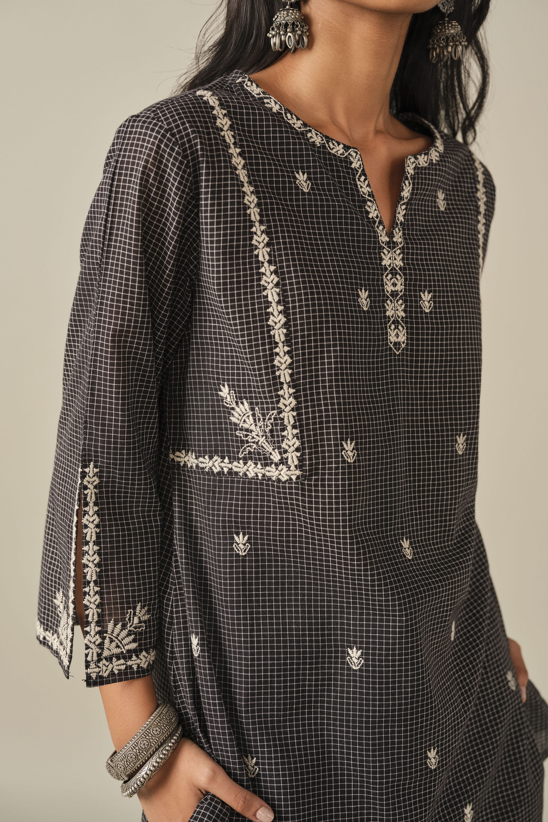Embroidered Cotton Tunic in Black, Black, image 2